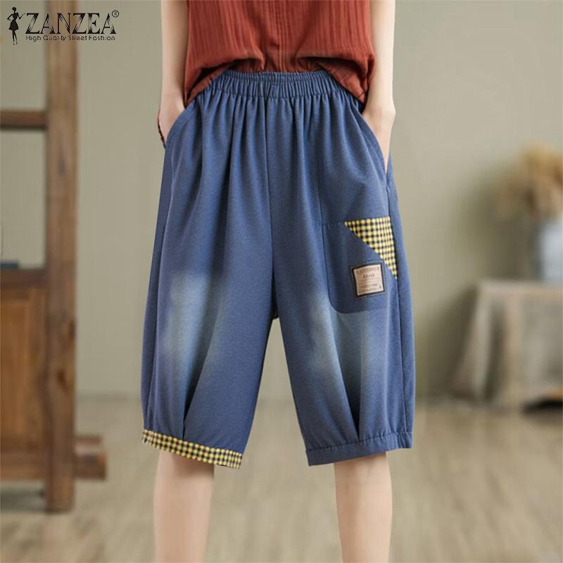 ZANZEA Women Casual Elastic Waist Summer Print Capri Pants