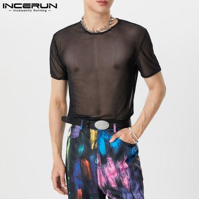Men Mesh Sheer Tops Short Sleeve Beach Party See Through T-shirts
