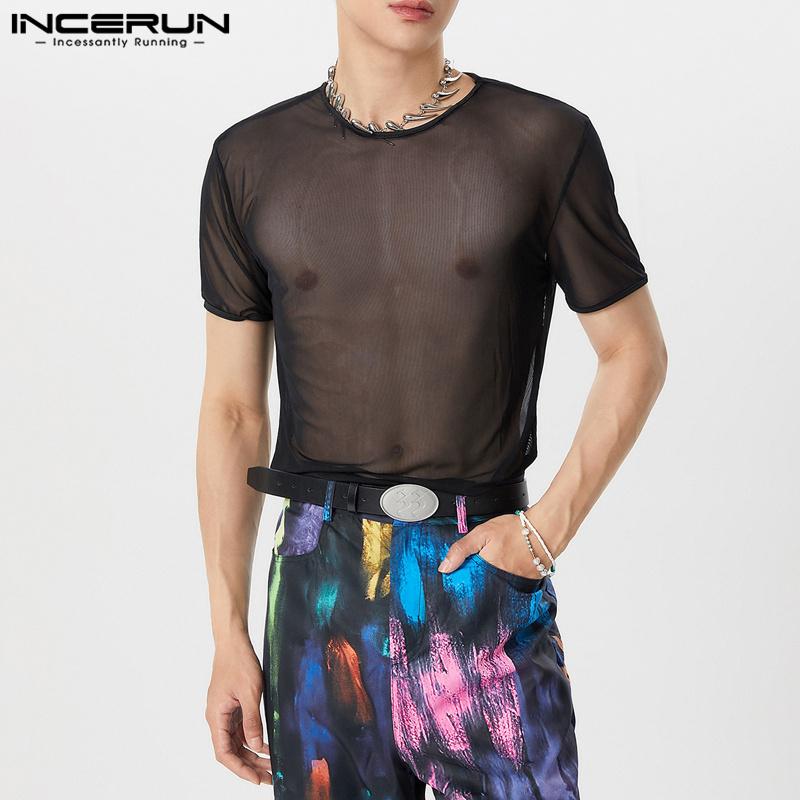 

INCERUN Men Mesh Sheer Tops Short Sleeve Beach Party See Through T-shirts M чёрный
