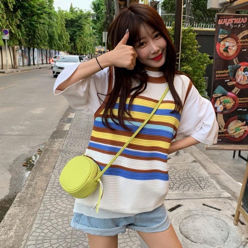 Korean Style Summer Striped Sleeveless Ice Silk Vest for Women