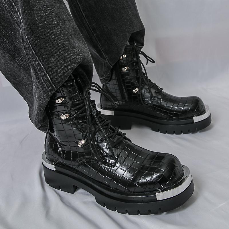 Men’s Retro Thick Sole Platform Punk Boots Elevator Street Style Big Head Motorcycle Boots High Boots Plus Size