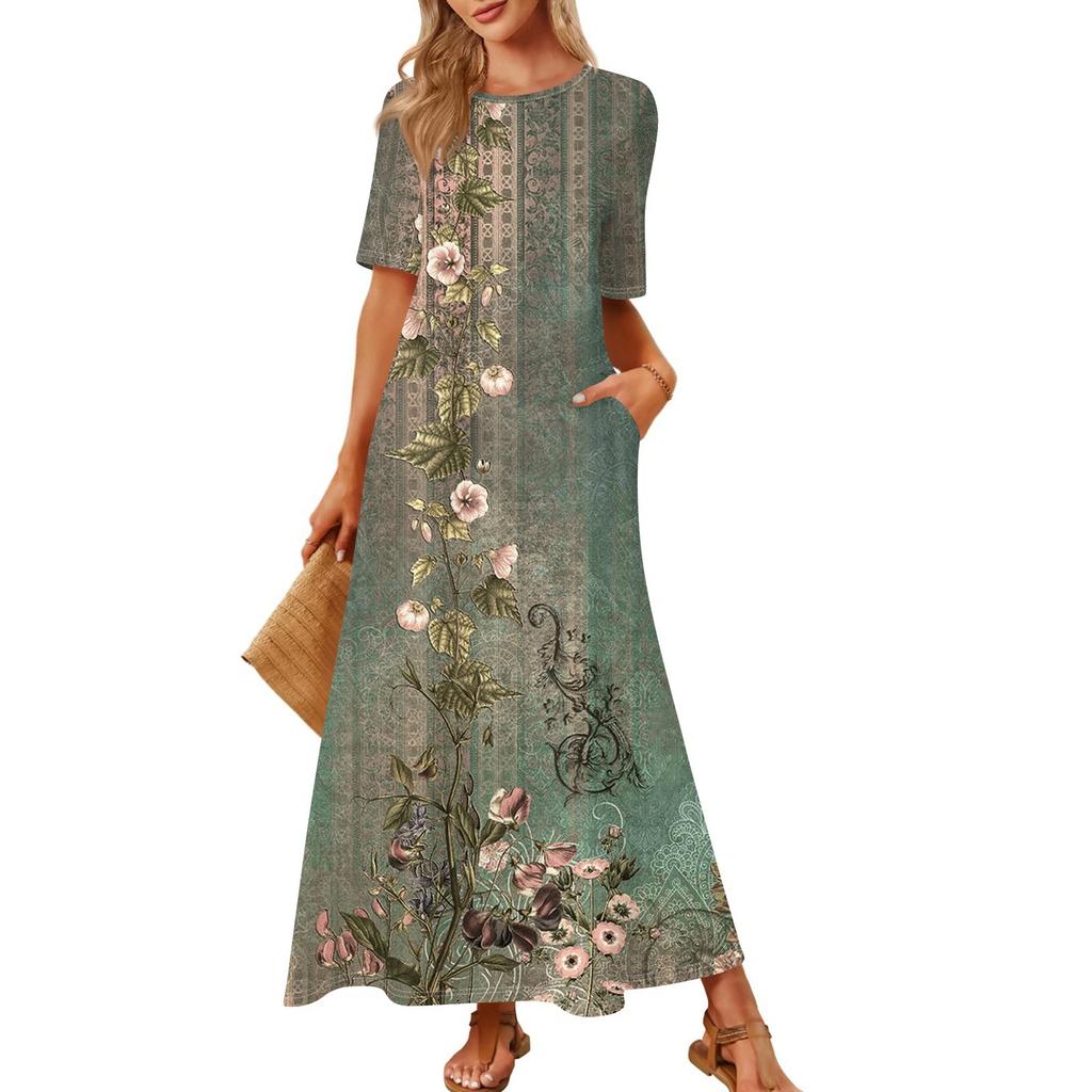 Women's Fashionable And Casual Long Beach Skirt Round Neck Short Sleeved Loose Retro Print Dress