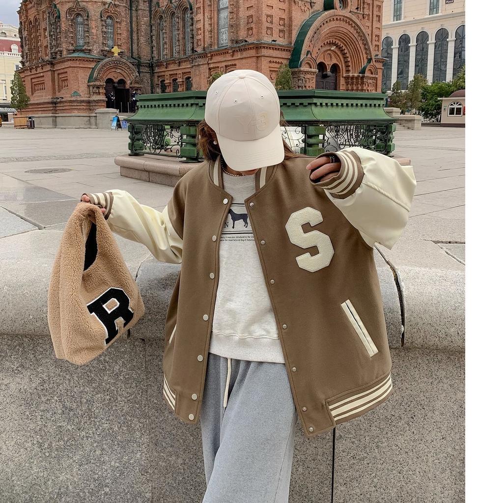 Jaqueta de beisebol solta com emenda de cores contrastantes para mulheres outono