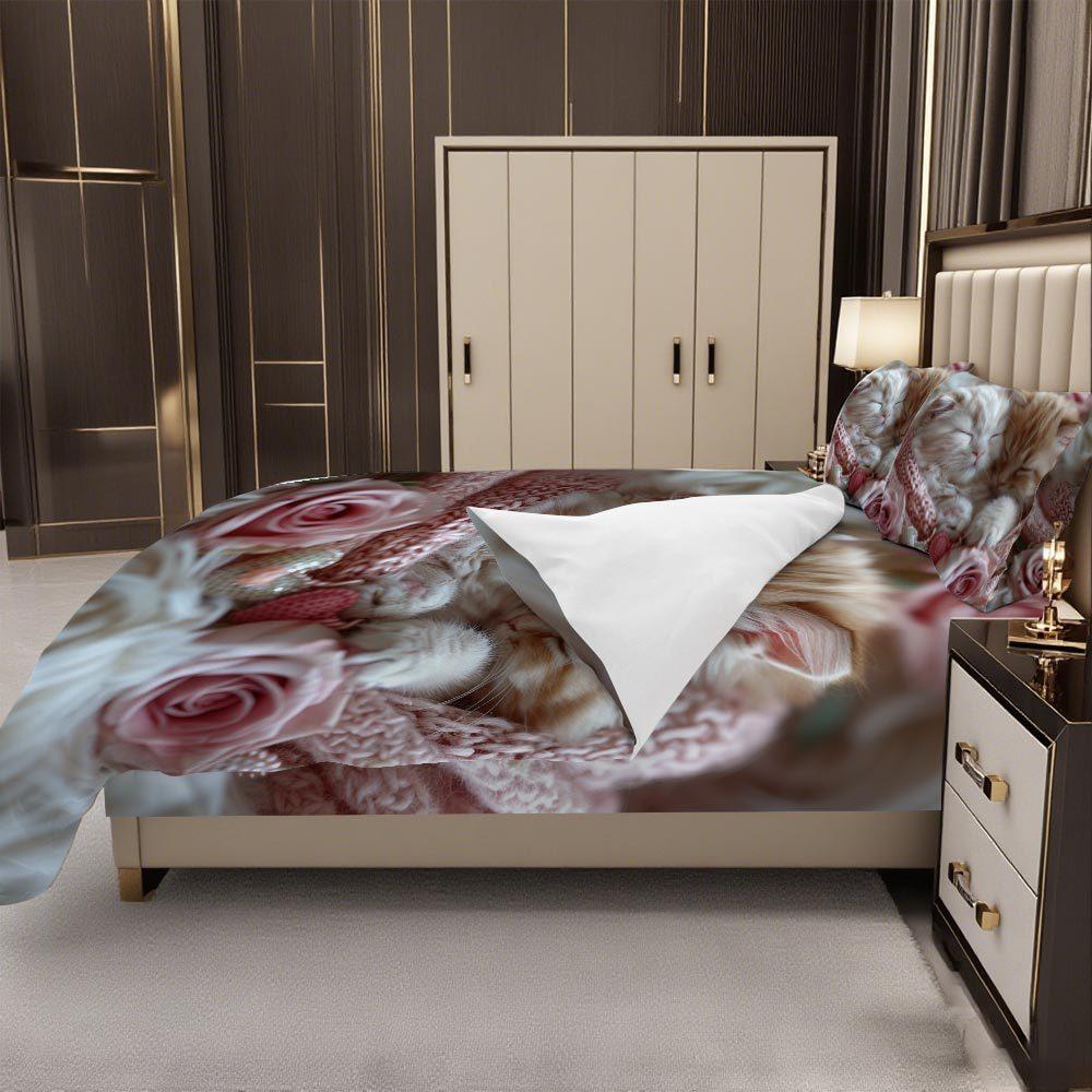 Lifesmells 2/3pcs Adorable Sleeping Kittens Duvet Cover Set Sweet Kitten Pattern Bed Cover Set Cozy and Charming Bedding Set