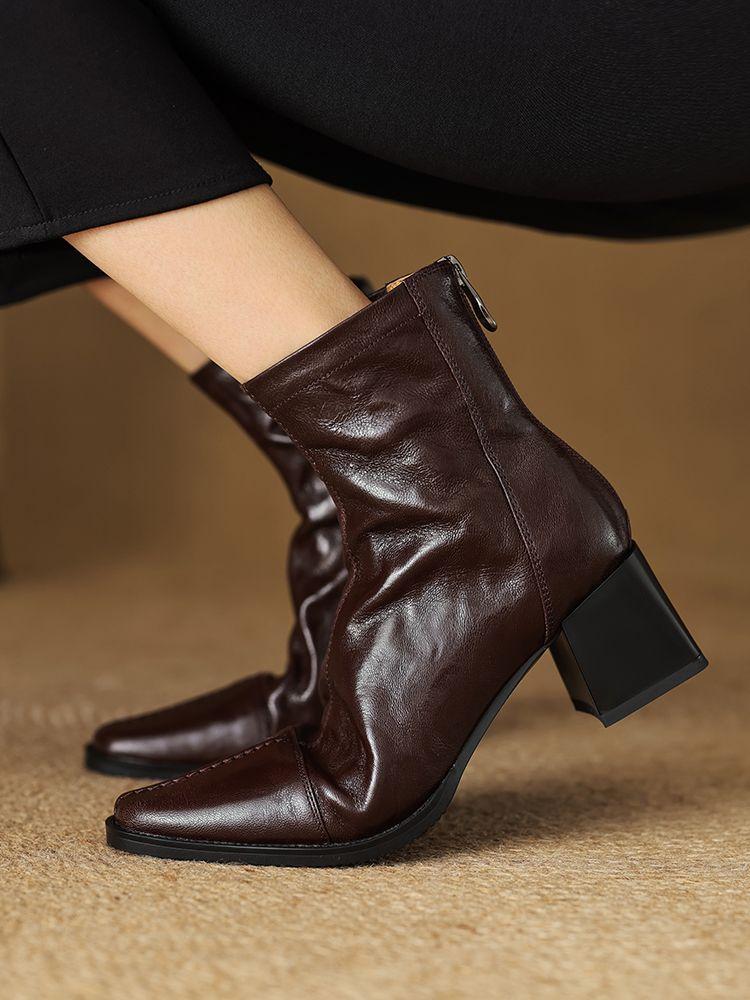 Age Reduction and Thin Temperament French Versatile Square Head Thick Heel Short Boots 2025 Autumn New Rear Zipper Fashion Boots Women