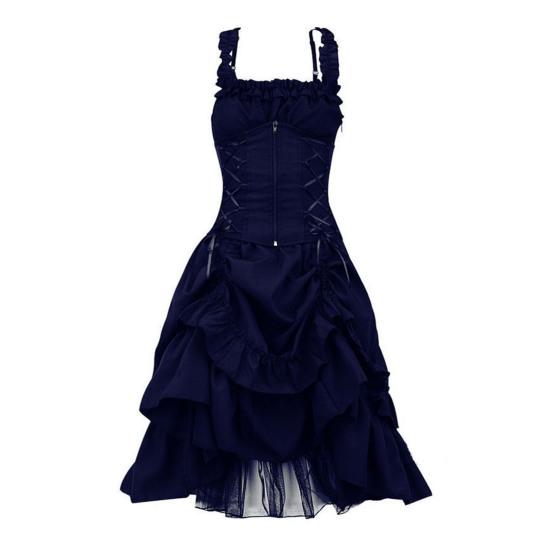 Cosplay-Kleid für Damen im Gothic-Stil, Hexe, mehrlagig, Rüschensaum, Netzstoff, Halloween-Party-Kostüm, Schnürriemen, kragenlos, Reißverschluss, ärmellos, A-Linie, Performance