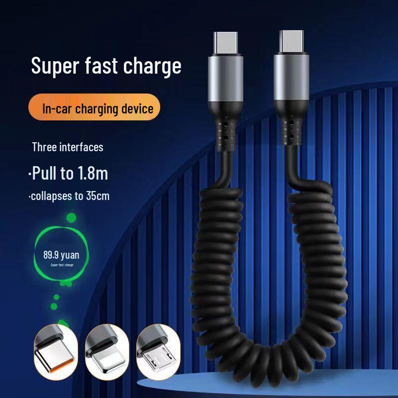 100W Dual-Head Type-C Fast Charging Cable: 6A Retractable Spiral PD Data Cable for Car.