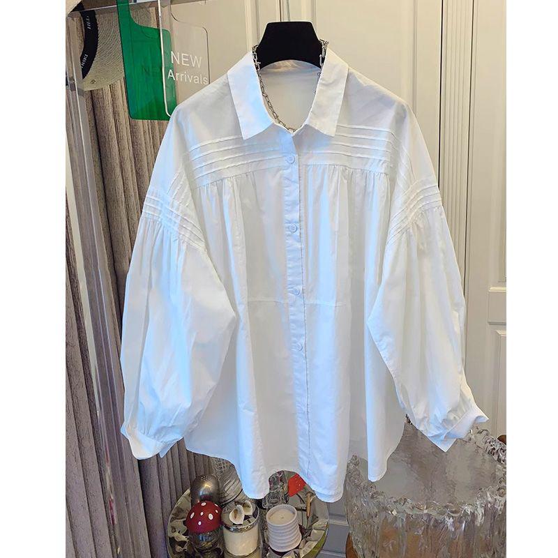 2026 Spring/Autumn Chic Pleated Loose Lantern Sleeve Slimming Top for Women