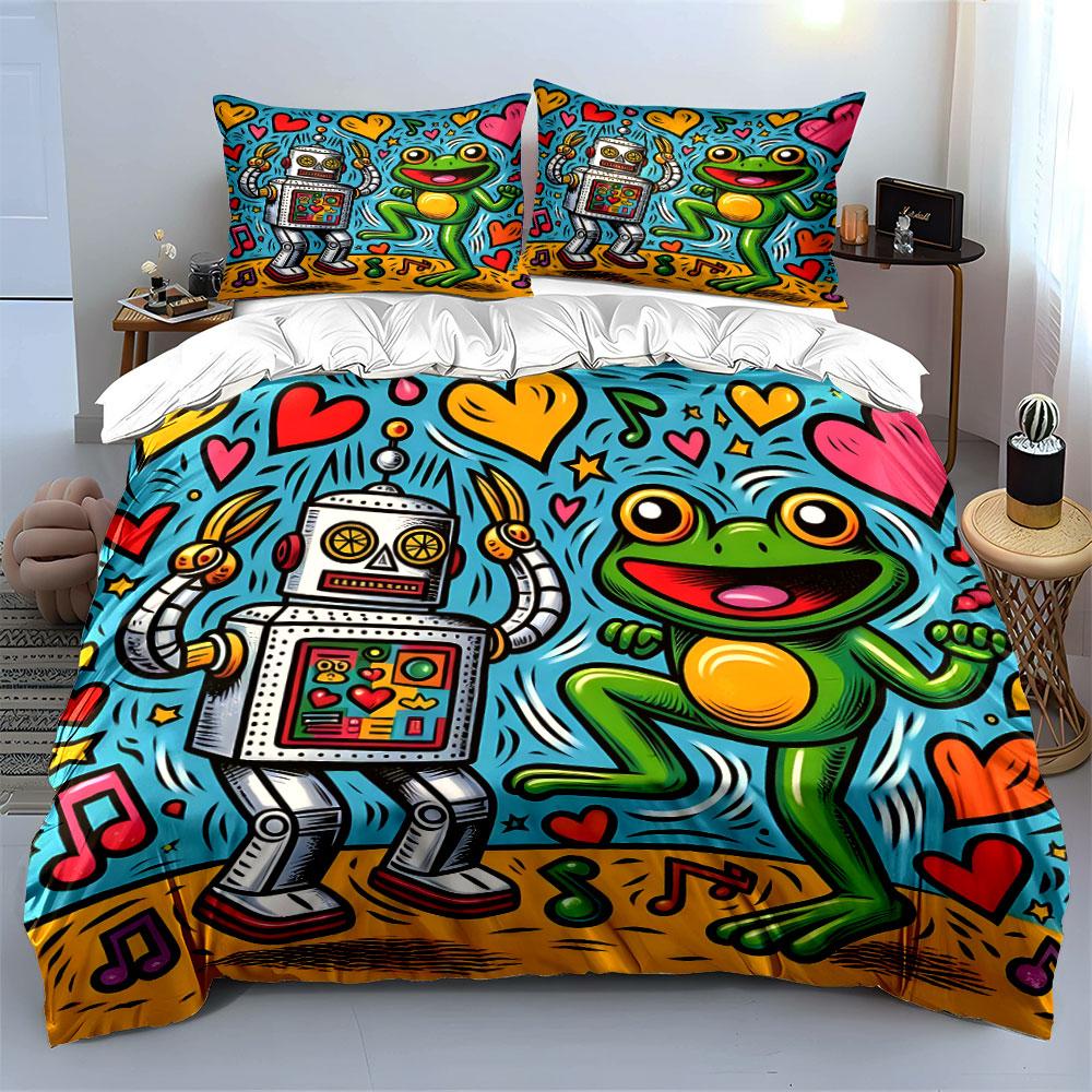Robot and Frog Dancing Happily Print Bedding Set 1 Duvet Cover 2 Pillowcases for Adult and Children Luxury Gift Full Size