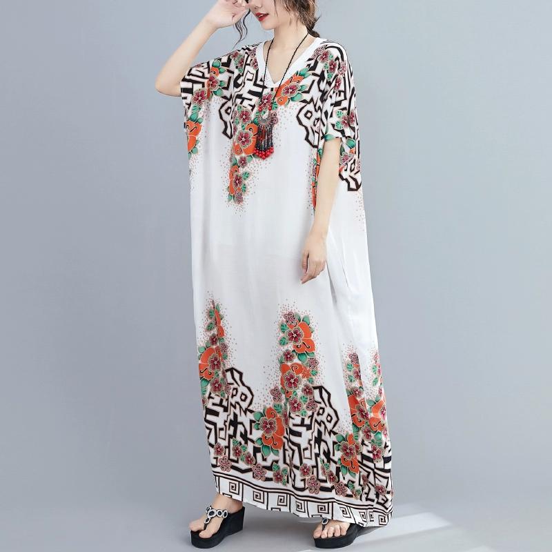 DIMANAF 2024 Plus Size Dress Women Summer V-Neck Sundress Bohemian Floral Print Loose Big Oversize Maxi Dress 214