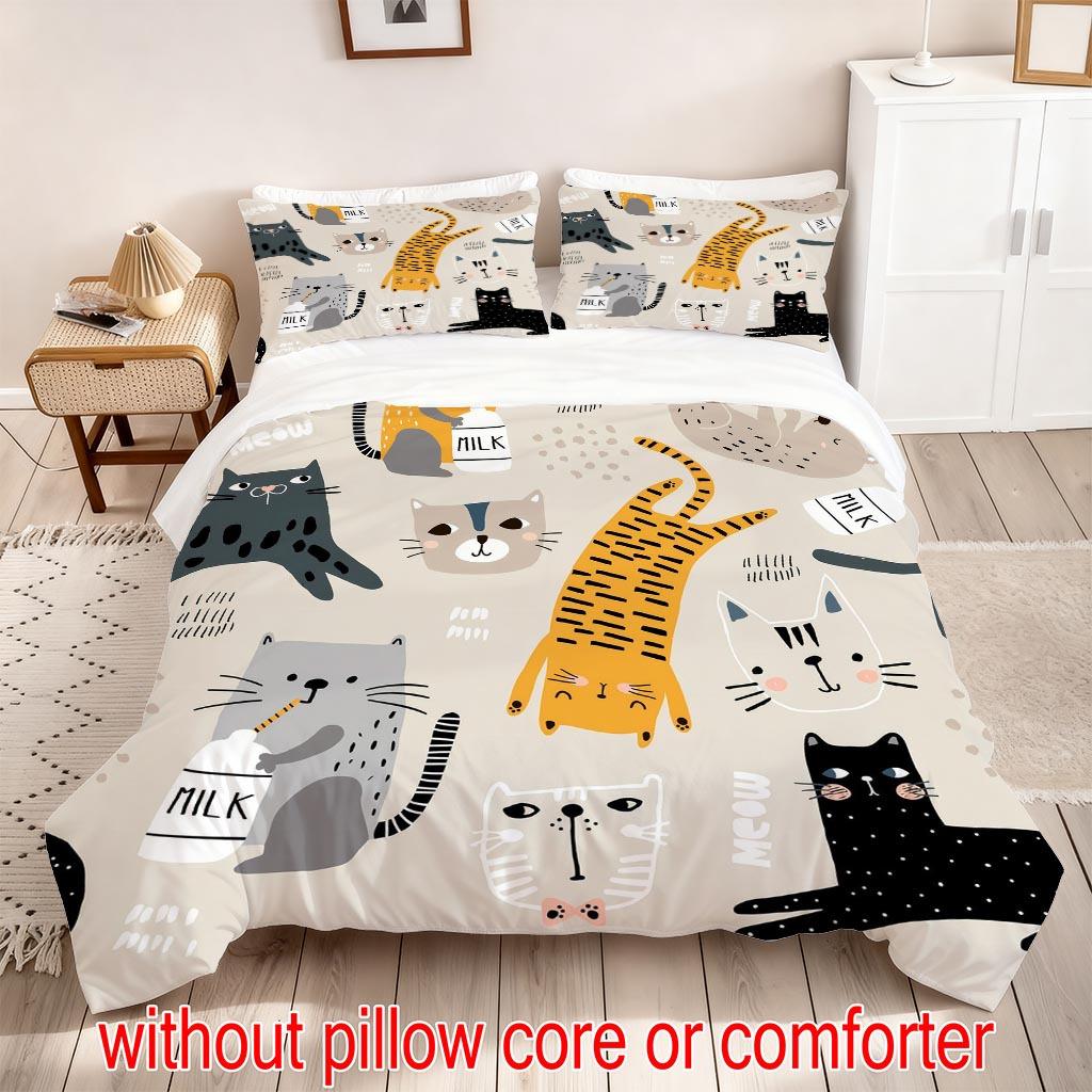 Cute Cat Duvet Cover Set Multi Size Quilt Cover Queen Size Bedroom Bedding Decoration Machine Washable Adult Boy Girl Bedroom Decor