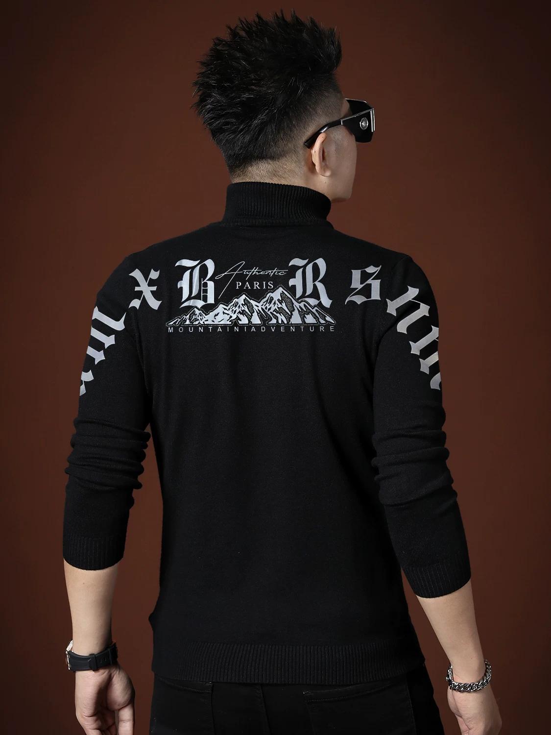

European Trendy Brand Autumn Sweater for Men with Letter Embossed Gold Print Long-Sleeve Knitted Base Shirt 2025 New High-Neck Men s Top XL чёрный