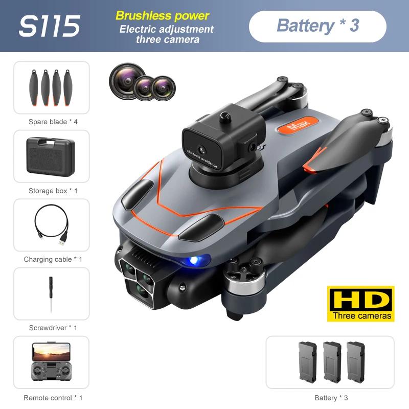 Ny S115 RC Drone 8K Profesjonell tre-kamera Vidvinkel posisjonering Hindring unngå børsteløs motor Sammenleggbar Quadcopter gaveleke