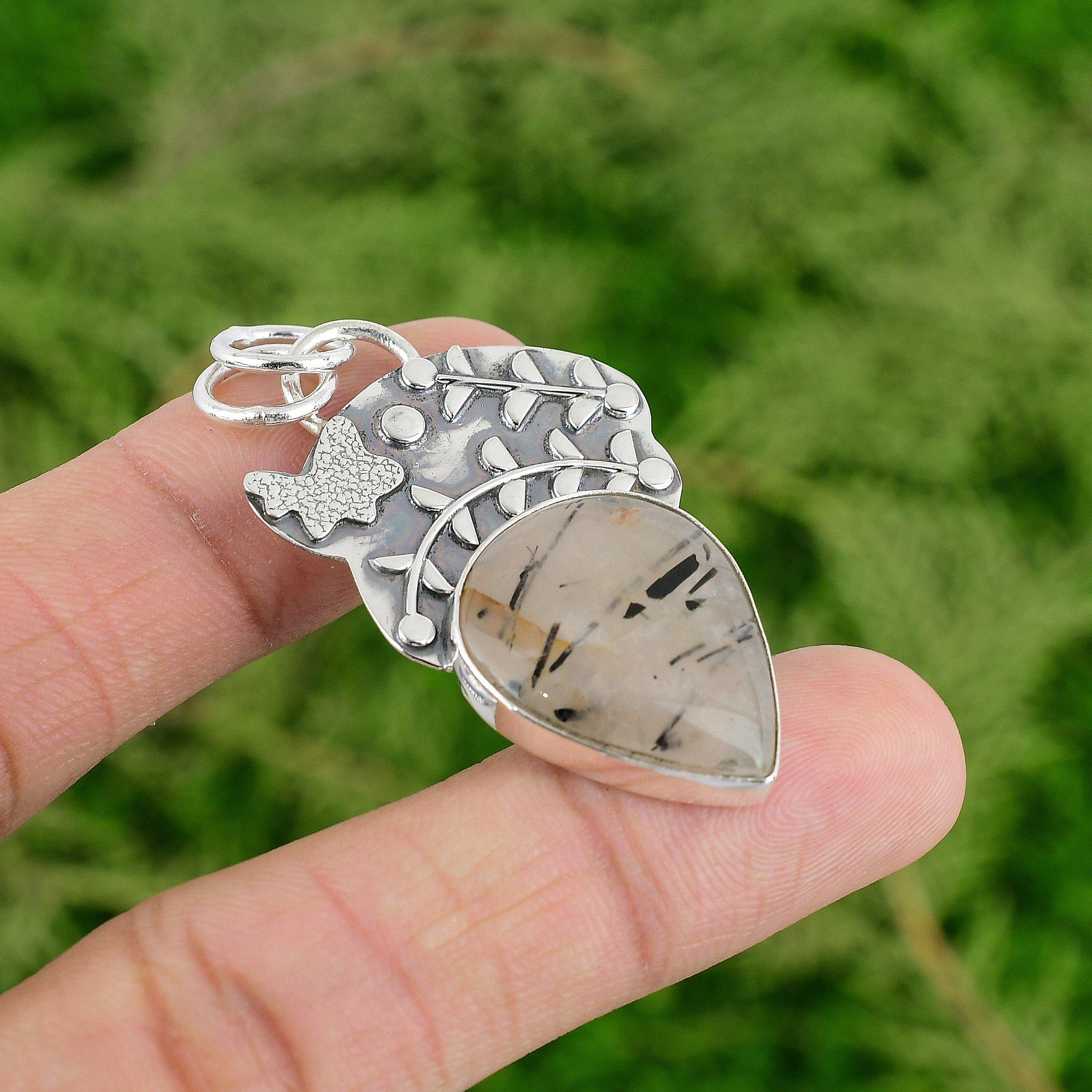 

Sterling Silver Black Rutilated Quartz Stone Bezel Boho Artisan Pendant Jewelry