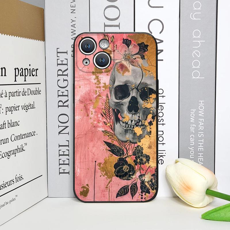 Retro Gothic Night Flower Skull Head Printed Phone Case for iPhone 17 16 12 11 14 Plus 13 14 15 Pro Max Mini X Floral Soft Cover