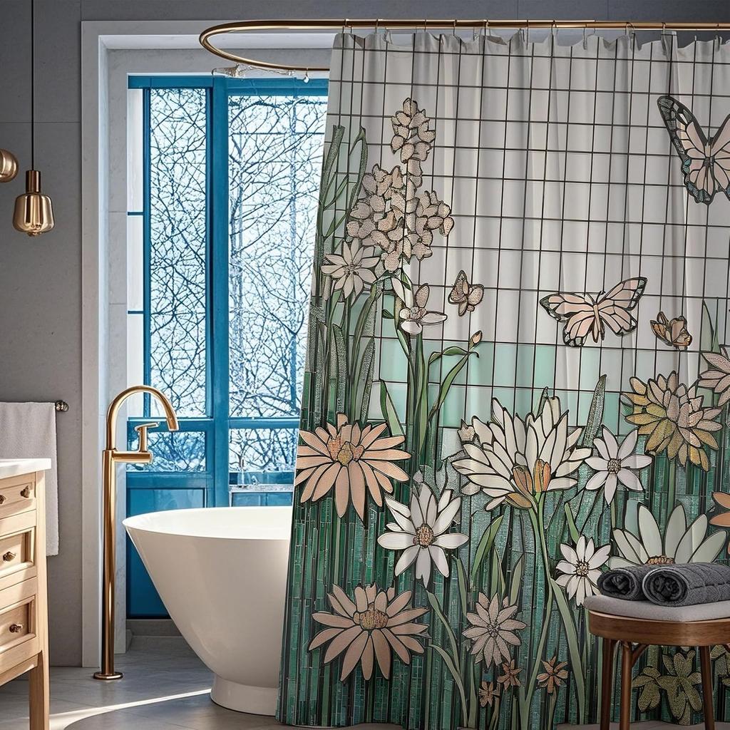Buntglas Blumen Schmetterling Duschvorhang Set Abstrakt Geometrische Ästhetik Gänseblümchen Frühlingsblume Duschvorhänge Botanisch Pla