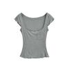 Fungus edge short-sleeved T-shirt women's summer new American Spice Girl solid color square neck light and slightly transparent elastic top