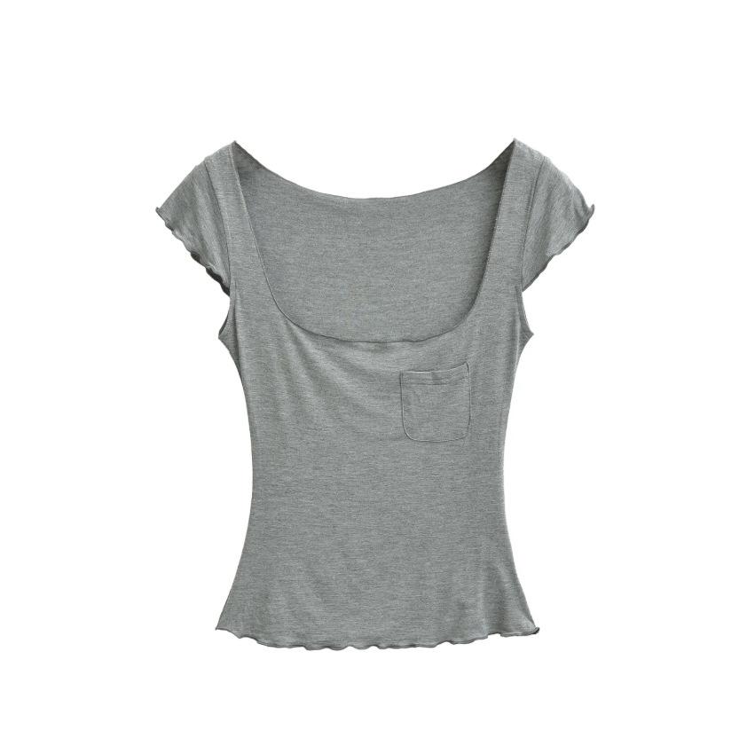 Fungus edge short-sleeved T-shirt women's summer new American Spice Girl solid color square neck light and slightly transparent elastic top