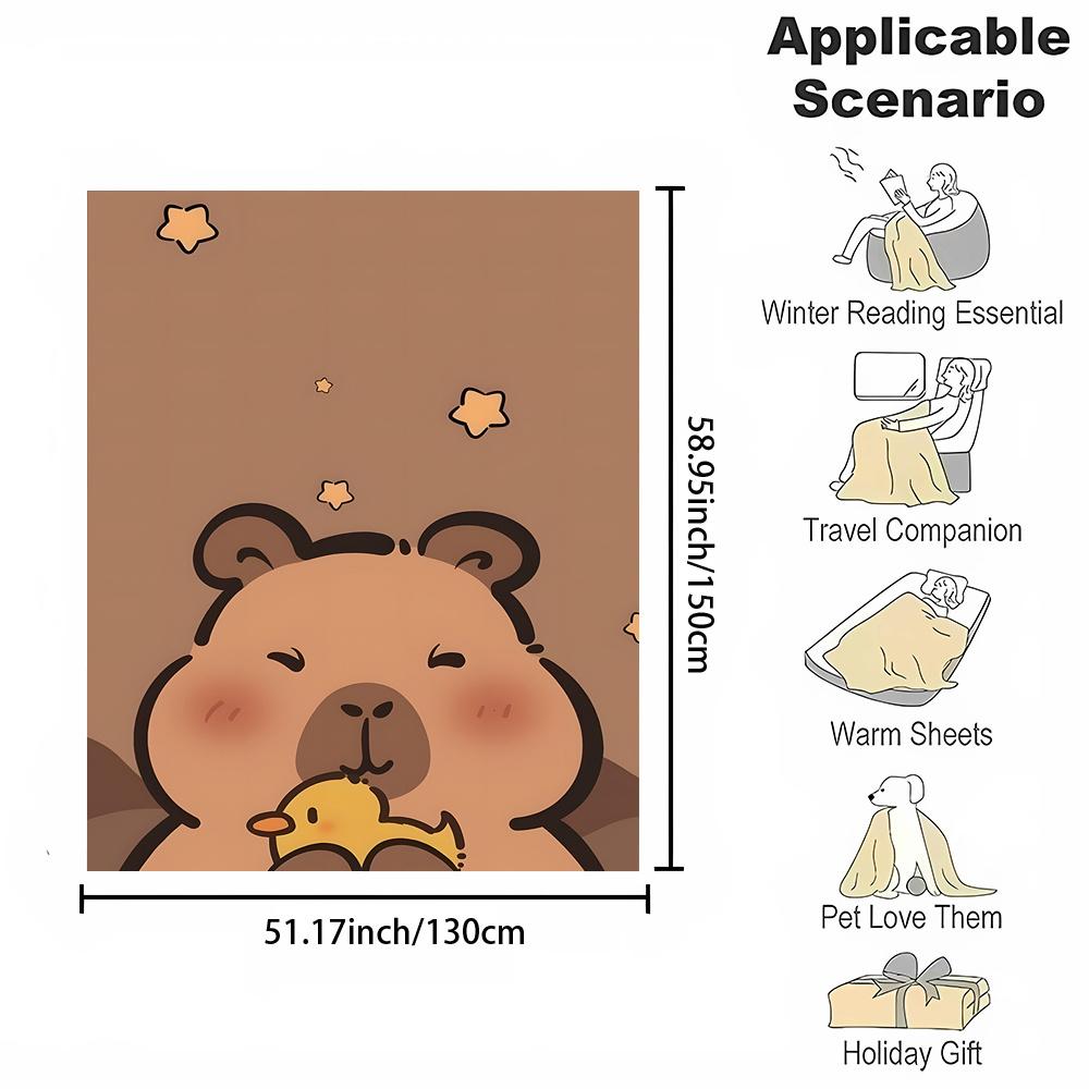 

Мягкий фланелевый мультяшный плед с принтом капибары и утки - Двусторонний полиэстеровый фланель с цифровой печатью, Уютный всесезонный плед для дома и офиса 130x150cm(51.17x58.95in)