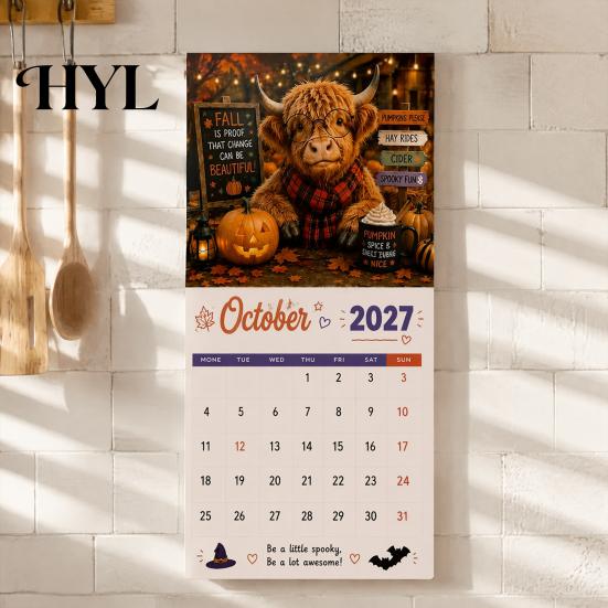 Feestelijk Cadeau 2027 Grappige Schotse Hooglandkoe Wandkalender, Schattig Boerderijdier 12 Maanden Keukenplanner Schots Hangend voor Rustieke Woondecoratie Kalender