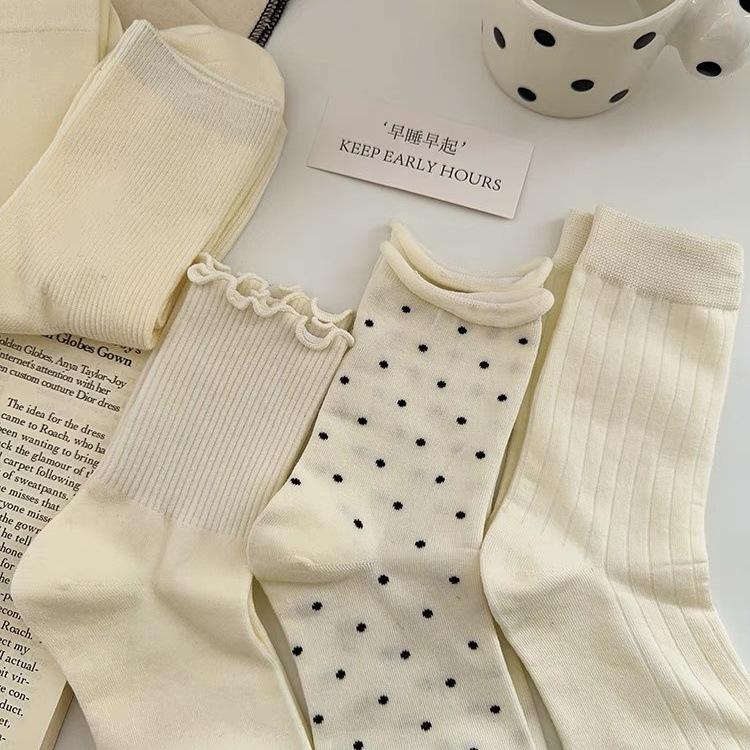 Curled Edge Polka Dot Socks Summer White Socks Cotton Medium Tube Socks Polka Dot Students Spring And Autumn Tide Stacking Socks