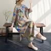 Real Shot Summer New Literary Large Size Loose Printing Stand-up Collar Seven-quarter Sleeve Dress Women's Long Dress