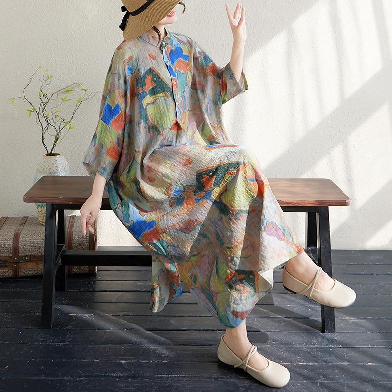 Real Shot Summer New Literary Large Size Loose Printing Stand-up Collar Seven-quarter Sleeve Dress Women's Long Dress