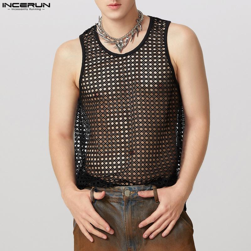 INCERUN Men Summer Hollow Sleeveless Vest Casual Loose Party Beach Net Yarn Tank Tops