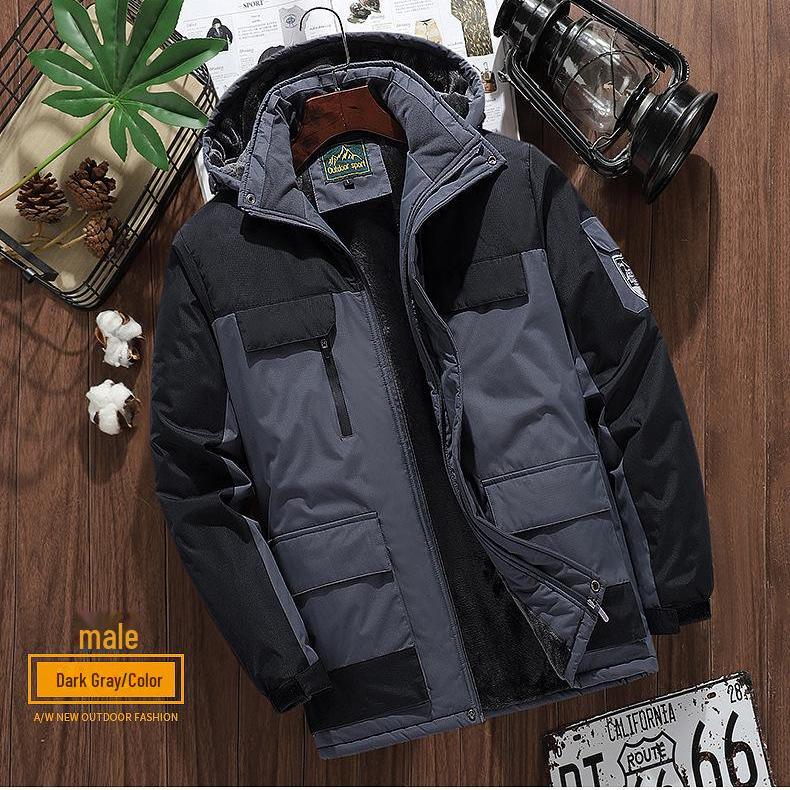 

Мужская ветрозащитная водонепроницаемая куртка с капюшоном - толстый бархат, большой размер, теплая и морозостойкая L темно-серого