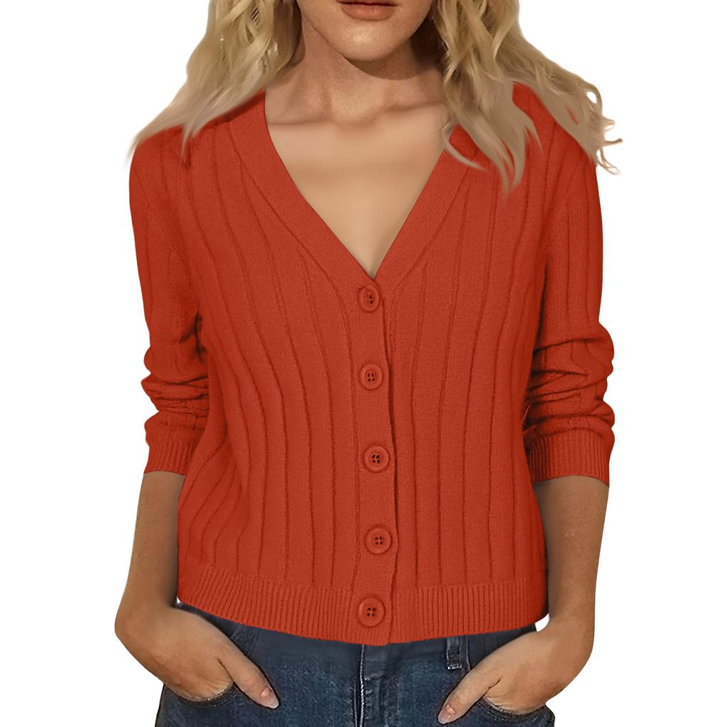 Women's Fashion Long-Sleeve V-Neck Lightweight Knit Sweater Solid Color Outerwear Top
