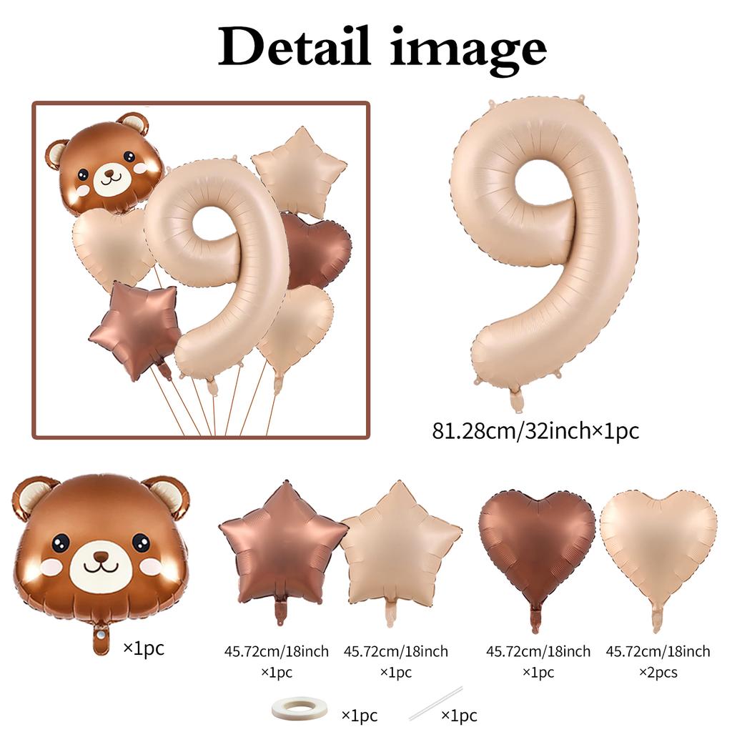 7pcs Cute Bear Balloon Set with 32 Inch Caramel Digital Aluminum Foil Balloon for Birthday Party Decoration Baby Shower Supplies