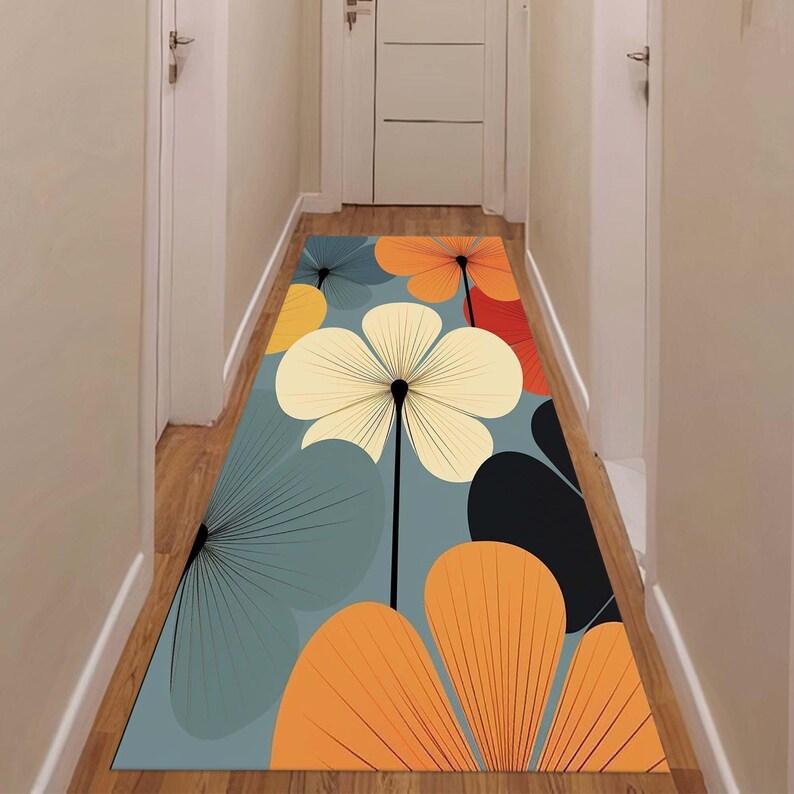Abstract Floral Runner Rug Modern Art Inspired Non-Slip Hallway Floormat Boho Style Daily Home Decoration Carpet for Living Room