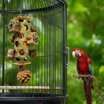 Parrot Foraging Toy Bamboo Woven Feeding Basket With Colorful Corn Husk Chewing Enrichment Toy For Medium And Small Birds
