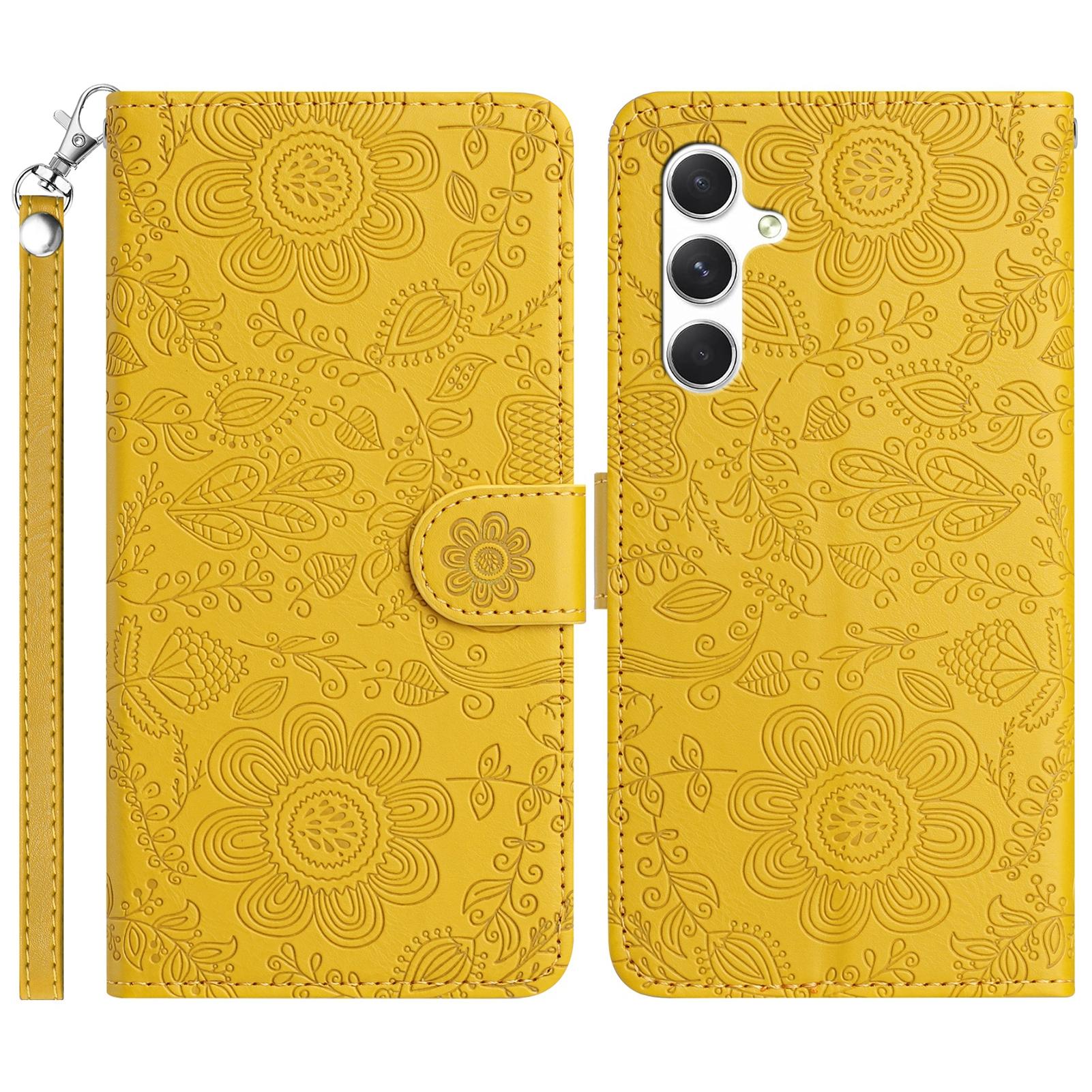

For Samsung Galaxy A35 5G Case Flower Imprint Leather Flip Wallet Phone Cover with Wrist Strap Yellow