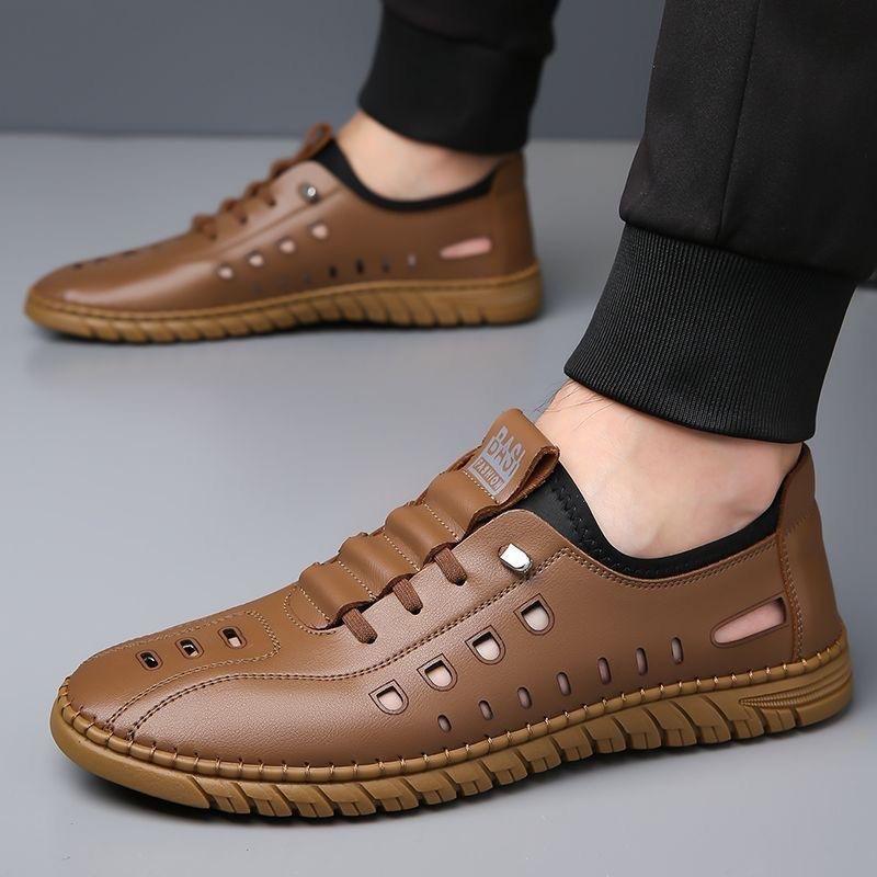 Hollow Leather Shoes Casual Shoes Summer New Men's Shoes Breathable Mesh Hole Shoes One Pedal Flat Shoes