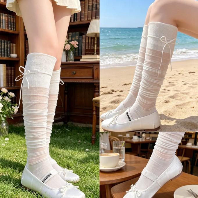 Korean Ballet Style Calf Socks Women's Spring and Summer Kola Stacking Socks Thin Breathable Jk Girl Bow Medium Tube Socks