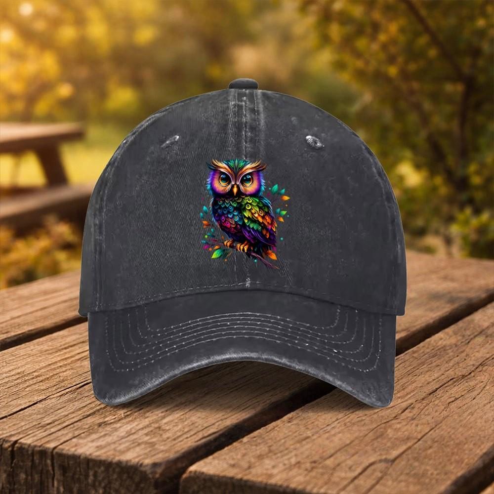 Colorful Owl Print Washed Denim Baseball Cap Adjustable Outdoor Street Casual Headwear