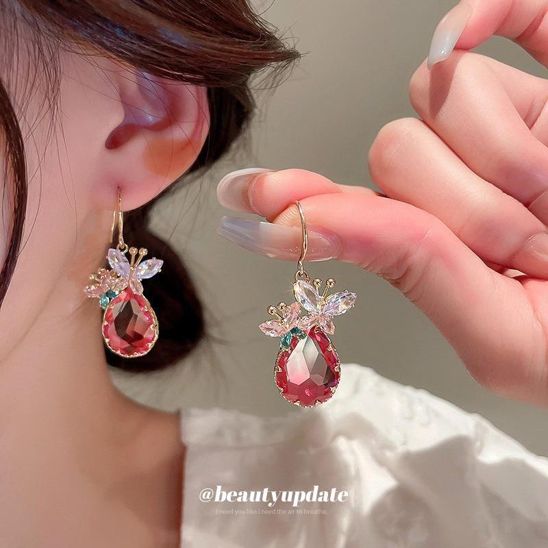 Super Fairy Sweet Zircon Butterfly Water Drop Ear Hook Earrings Korean Ins Temperament Earrings Light Luxury High-end Earrings Women