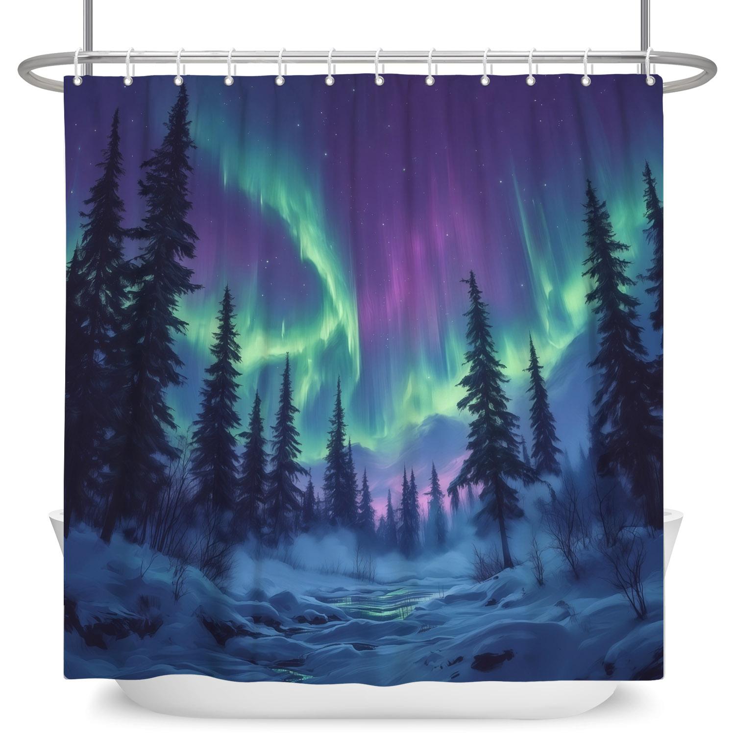 

Night Sky Mountain Shower Curtain Aurora Borealis Moonlit Lake Waterproof Bath Curtain For Bathroom Decor Polyester With Hooks W60H190(CM)-1 Pcs
