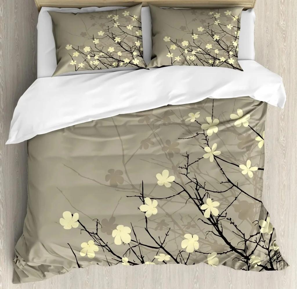 Japanese Duvet Cover Set,Girl In Traditional Dress and Cultural Patterns Antique Eastern Collage Bedding Sets Full,Brown Cream