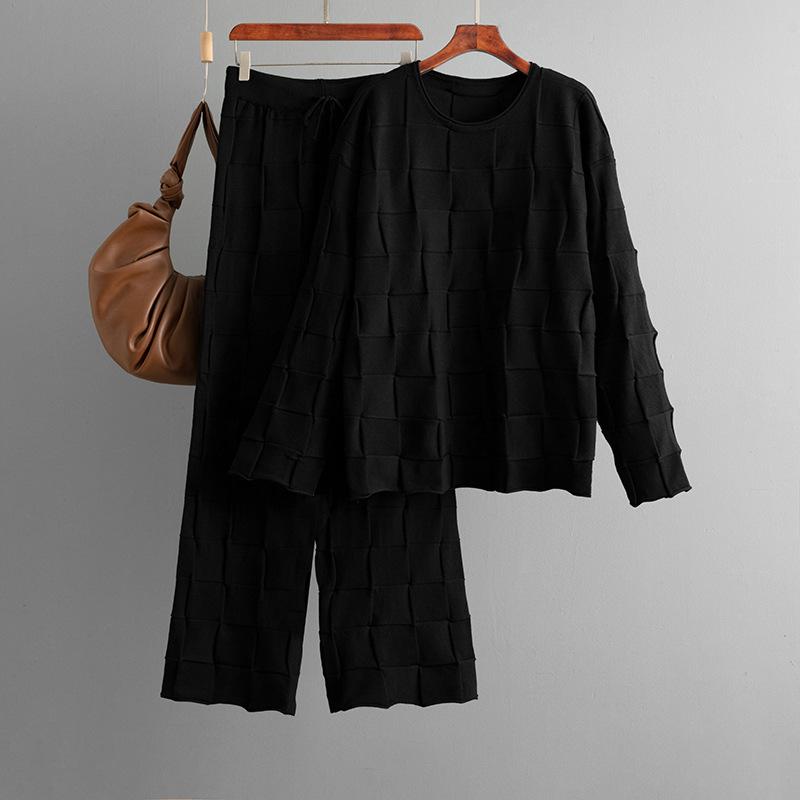 Square Grid Knitted Suit Women's Autumn And Winter Loose Oversized Sweater Casual Wide Leg Pants Two-piece Set