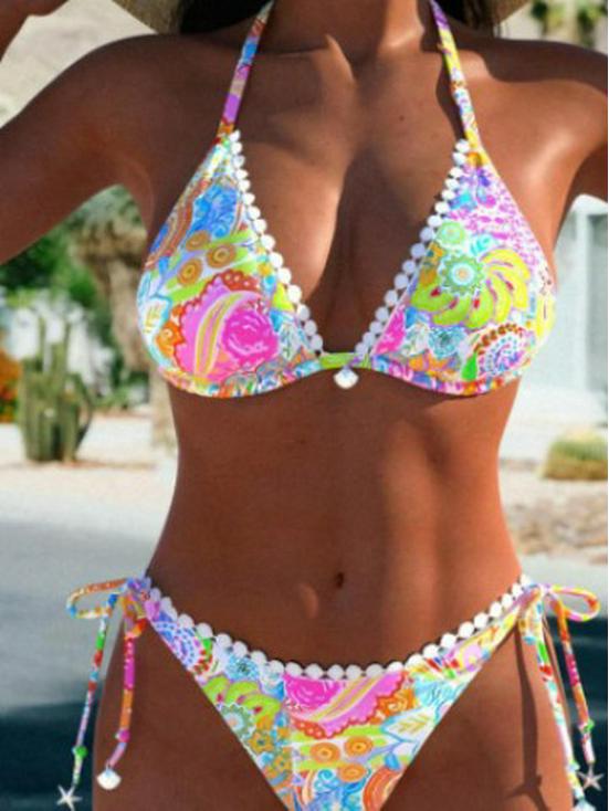 European & American Sexy Tie-Up Print Bikini Set