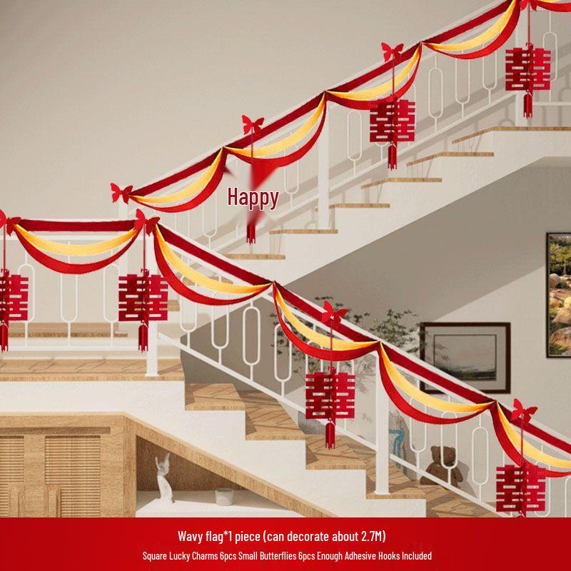 Double Happiness Stair Railing Decor: Wedding Floral Ornaments for Bride and Groom Sides