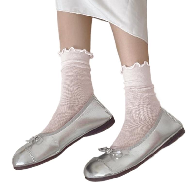 Elegant Hollow Out Breathable Mesh Middle Calf Socks Seamless Cotton Solid Color Ruffle Turn Cuff Crew Socks for Women