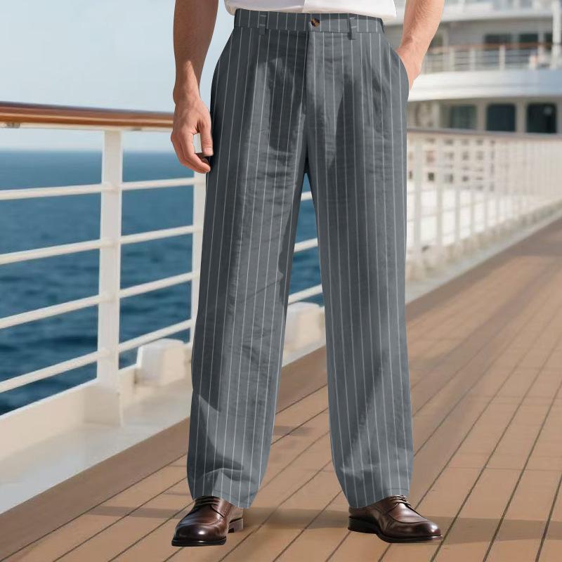 Men's Linen-Blend Relaxed Fit Breathable Casual Trousers with Vertical Stripes and Straight Leg Design