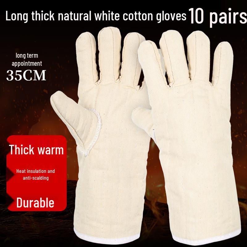 White Heat-Resistant Cotton Gloves: Anti-Scald, High-Temperature Protection, Five-Finger Design, Thickened for Kitchen and Winter Use.