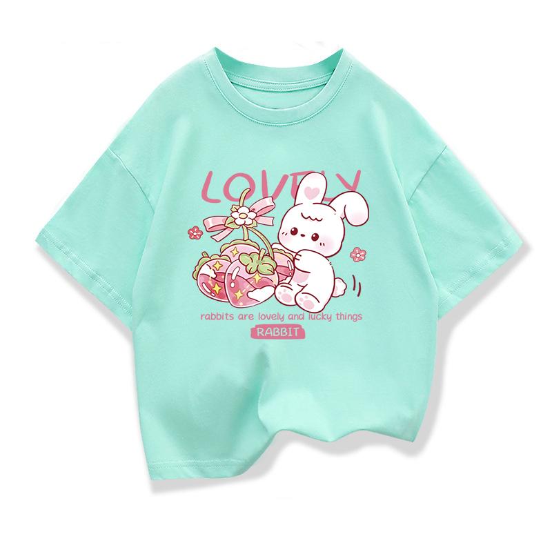 Girls Lovely Rabbit Cartoon Tshirt Kids ShortSleeve Graphic Pink Tops Tee Summer Kids Clothing Loose Pure Cotton Tee