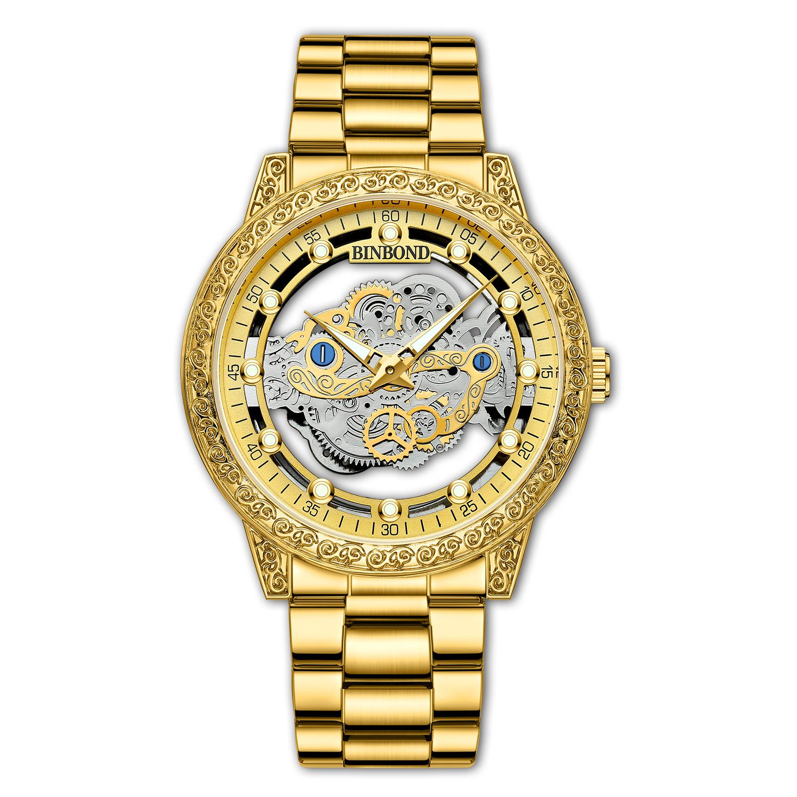 

Новые модные мужские кварцевые часы с полыми деловыми часами из нержавеющей стали, лучший бренд, роскошные золотые часы, светящиеся золотой