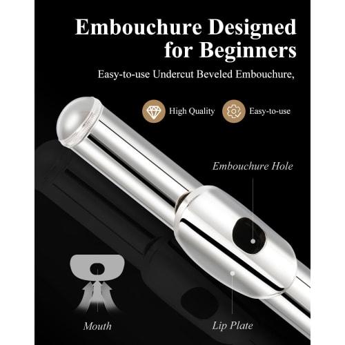 Eastar Flute, 16-Hole, Covered Keys, E Mechanism, Offset, Nickel-Plated, with Stand and Case, Beginner's Set (Silver), Perfect for School Openings