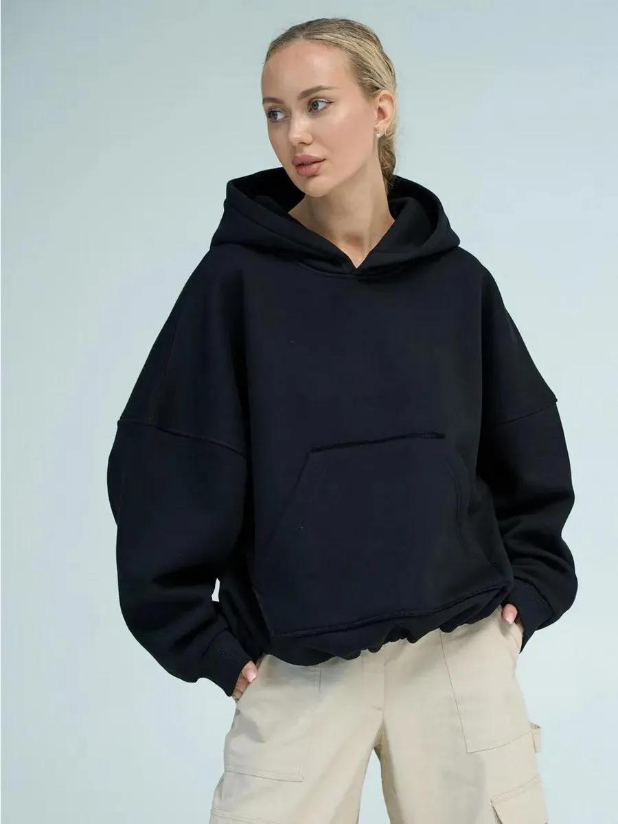 

Women s Casual Solid Color Hooded Sweatshirt Slim Fit Long Sleeve Short Sleeve Top Pullover Pocket Hoodie XL чорний